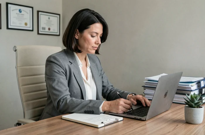 Femme consultant des recours légaux contre un avis de contravention Eurodatacar sur son ordinateur