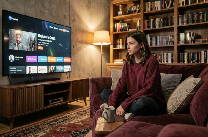 Jeune femme regardant un film sur une plateforme de streaming depuis son canapé dans un salon cosy