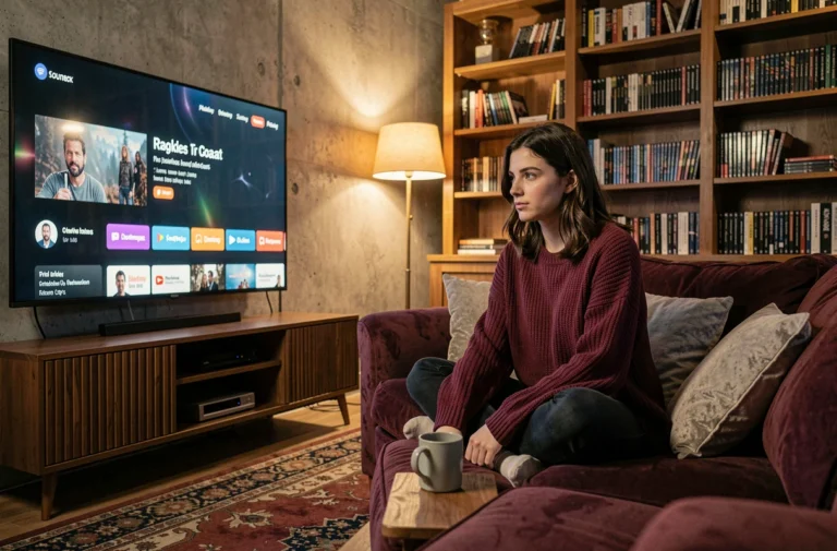 Jeune femme regardant un film sur une plateforme de streaming depuis son canapé dans un salon cosy