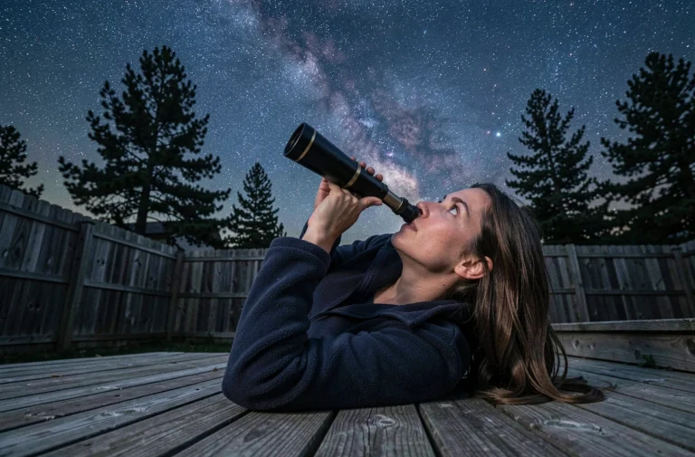 Femme allongée sur une terrasse en bois observant le ciel étoilé avec un télescope lors d'une nuit claire à la campagne