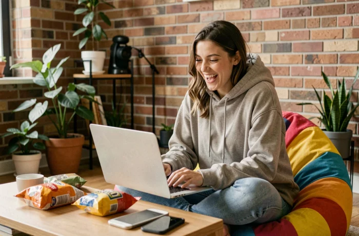 Jeune femme amusée devant son ordinateur portable découvrant des tendances insolites sur internet