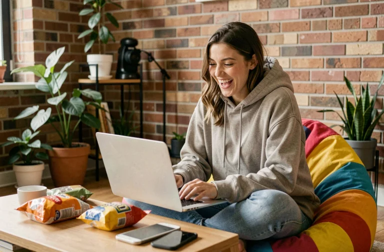 Jeune femme amusée devant son ordinateur portable découvrant des tendances insolites sur internet