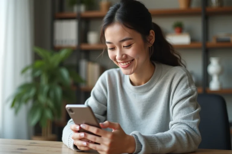 Jeune femme utilisant l'application Wype en ligne sur smartphone depuis son bureau à domicile