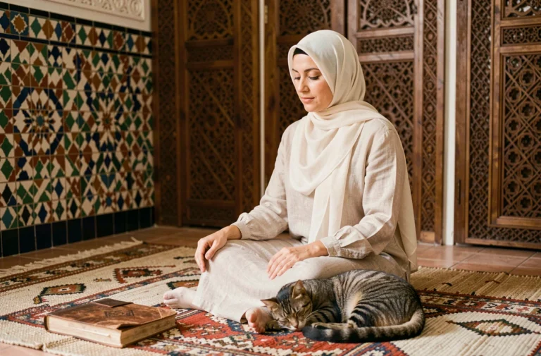 Femme voilée méditant paisiblement avec un chat endormi à ses côtés sur un tapis de prière, symbole de rêve islamique