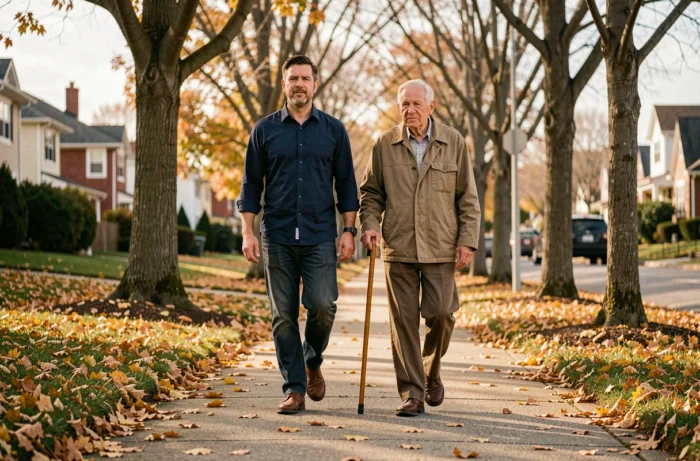 Un fils accompagnant son père âgé lors d'une promenade automnale, symbolisant le soutien au quotidien des parents seniors