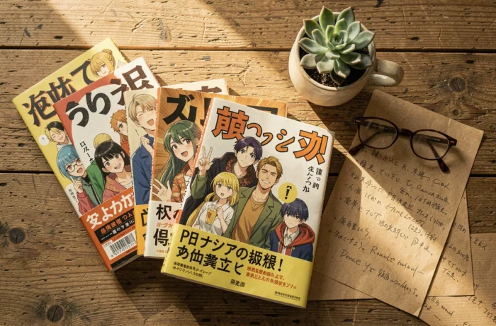 Flat lay artistique de plusieurs volumes de mangas célèbres sur un bureau en bois avec accessoires de lecture et carnets de notes