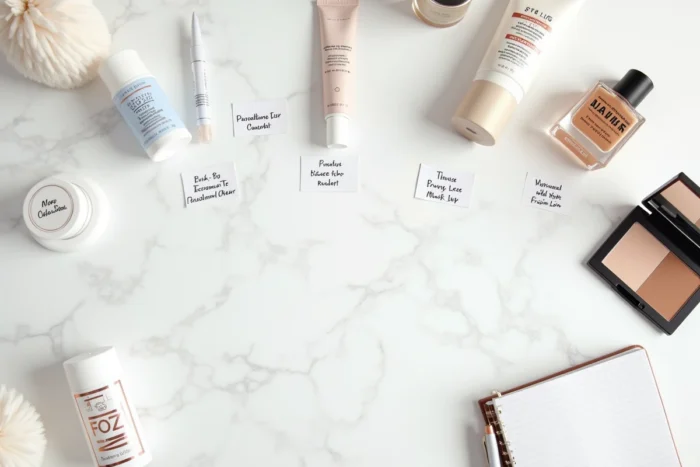 Flat lay de produits cosmétiques avec étiquettes de prix et carnet de comparaison, illustration d'un comparatif tarifaire entre enseignes de beauté