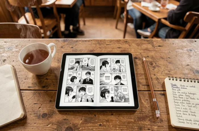 Vue du dessus d'une tablette affichant des scans manga sur une table en bois avec carnet de notes et tasse de thé