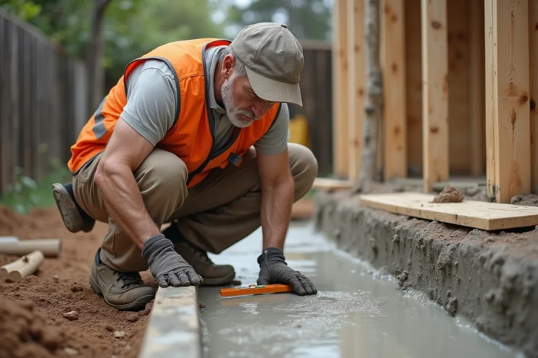 Ouvrier inspectant une fondation en béton pour une terrasse en cours de construction