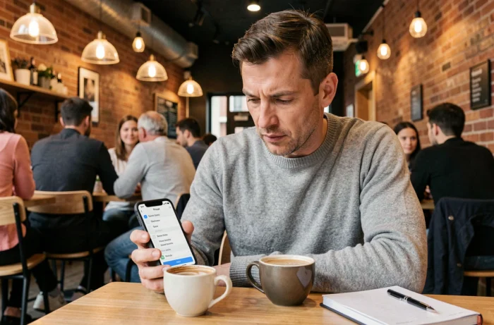 Homme gérant ses paramètres de confidentialité sur smartphone dans un café