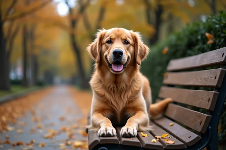 Golden retriever assis sur un banc en bois dans un parc automnal, fourrure dorée bien entretenue, regard doux et attentif
