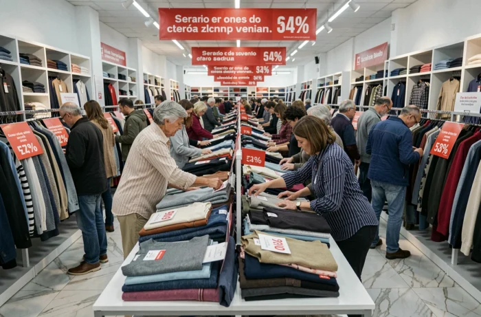 Intérieur animé d'un grand magasin espagnol pendant les soldes avec rayons de vêtements et étiquettes de réduction