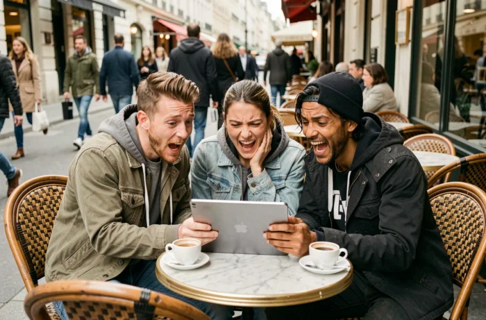 Groupe d'amis hilares autour d'une tablette dans un café parisien découvrant des tendances web insolites