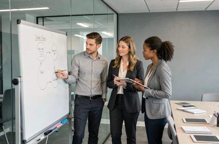 Groupe de professionnels participant à une session de formation en entreprise devant un tableau blanc