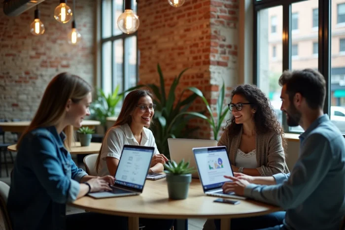 Groupe de jeunes professionnels comparant des plateformes de formation en ligne dans un espace de coworking
