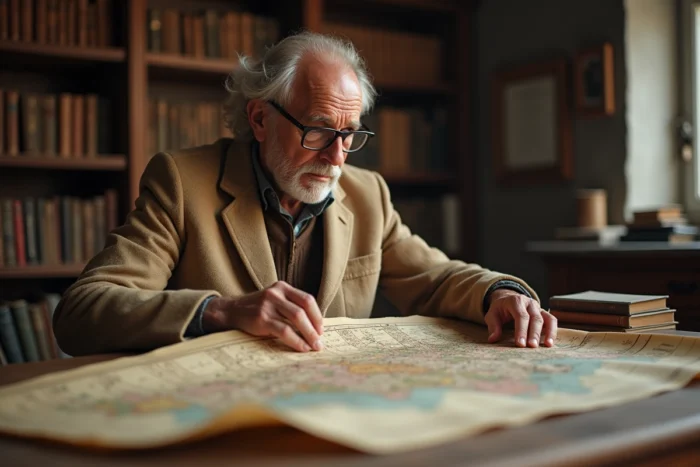 Historien local étudiant une carte ancienne du département du Nord dans une bibliothèque régionale entourée de livres patrimoniaux