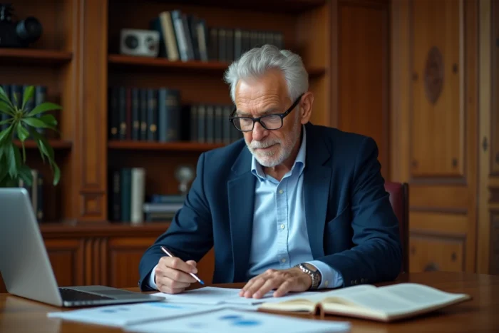 Homme d'affaires expérimenté travaillant à son bureau dans un bureau exécutif avec bibliothèque