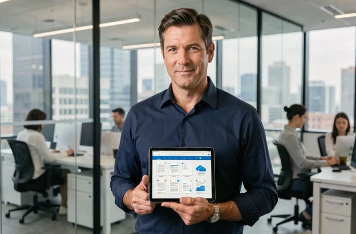 Homme d'affaires consultant Microsoft OneDrive sur une tablette dans un bureau en open space