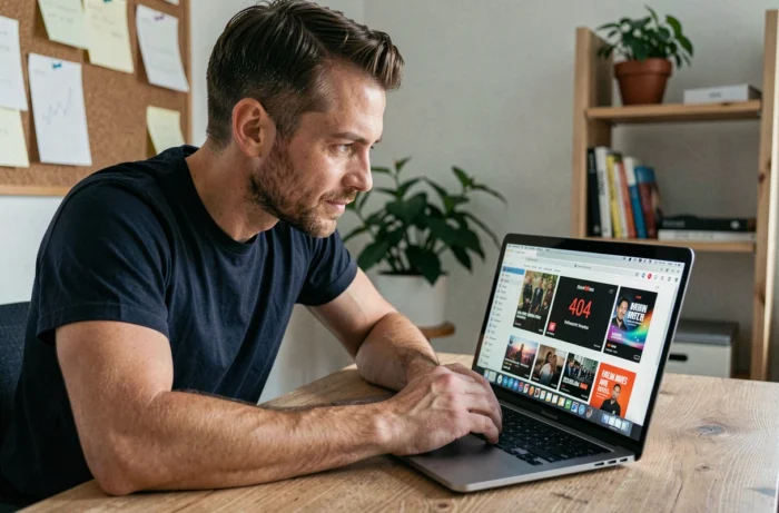 Homme consultant plusieurs sites de streaming alternatifs sur son ordinateur portable avec une page d'erreur visible