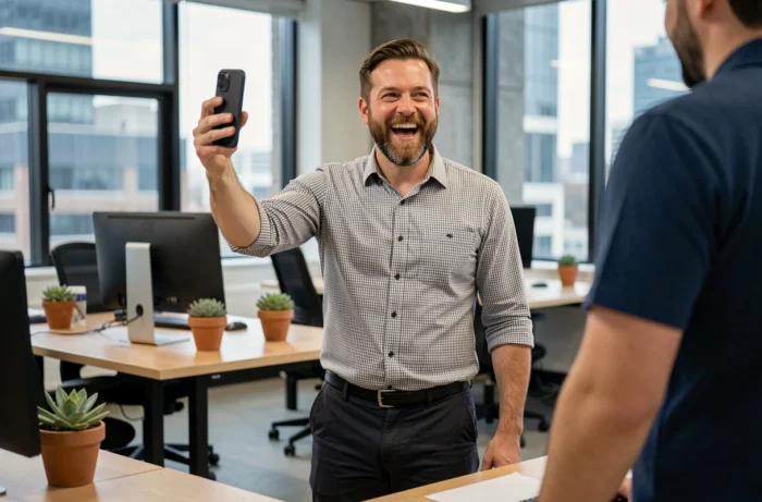 Homme dans un bureau moderne partageant une actualité virale et insolite sur son smartphone