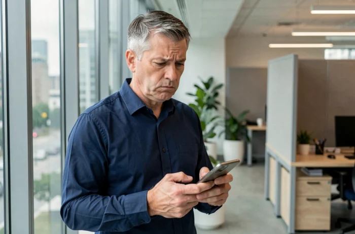 Homme d'affaires consultant WhatsApp sur son téléphone dans un bureau moderne, tentant de comprendre pourquoi il ne voit plus un groupe de messagerie