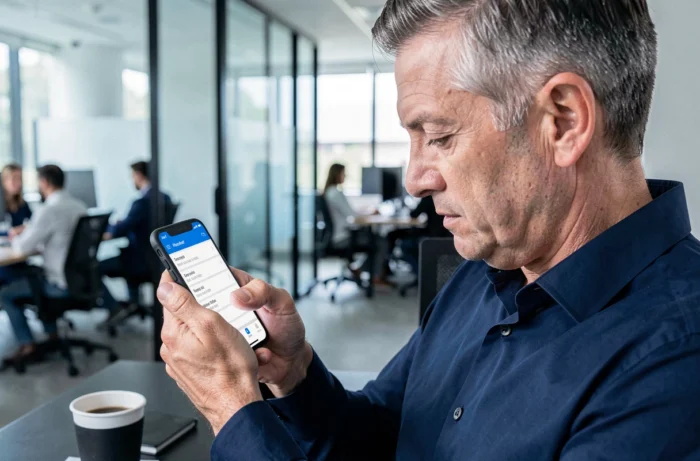 Homme consultant les informations de contact d'un médiateaseur sur son smartphone en bureau