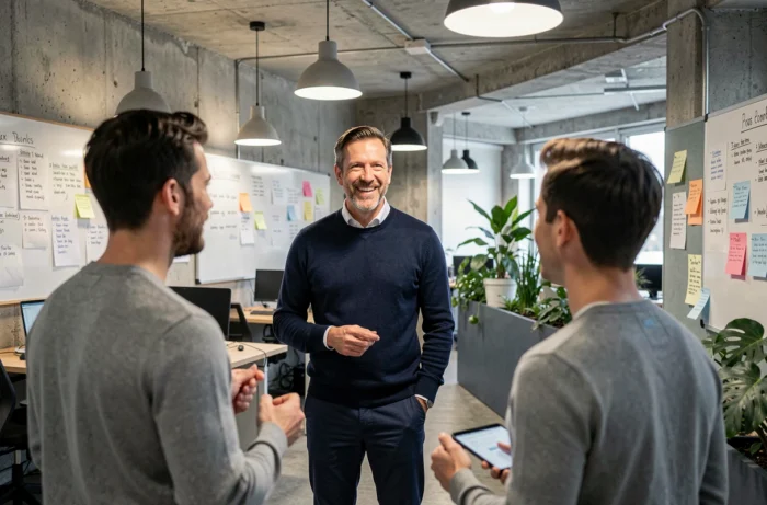 Homme dynamique en réunion informelle dans un open space moderne, épanouissement professionnel