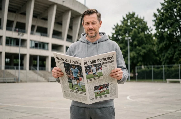 Un homme parcourt un journal sportif devant un stade urbain pour suivre toute l'actualité sport