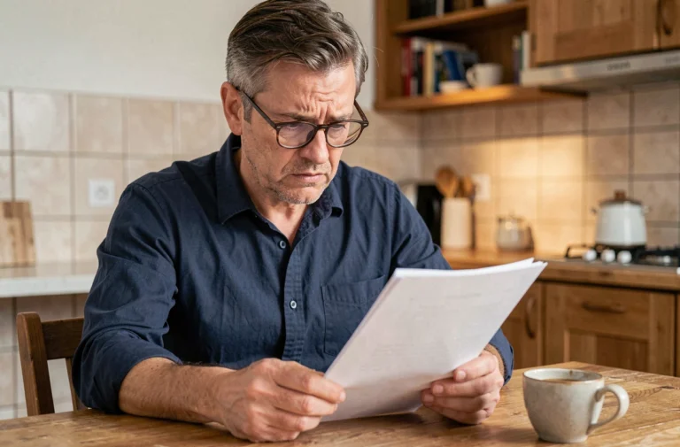 Homme lisant attentivement un avis de paiement Synergie Eurodatacar à son domicile