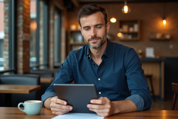 Homme consultant le mode en ligne de Wype sur tablette dans un café urbain