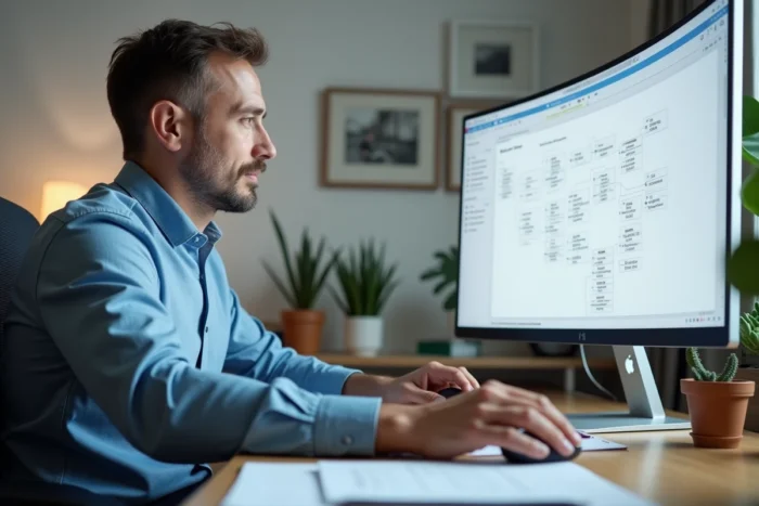 Homme naviguant sur la page sitemap d'un site web depuis son bureau à domicile