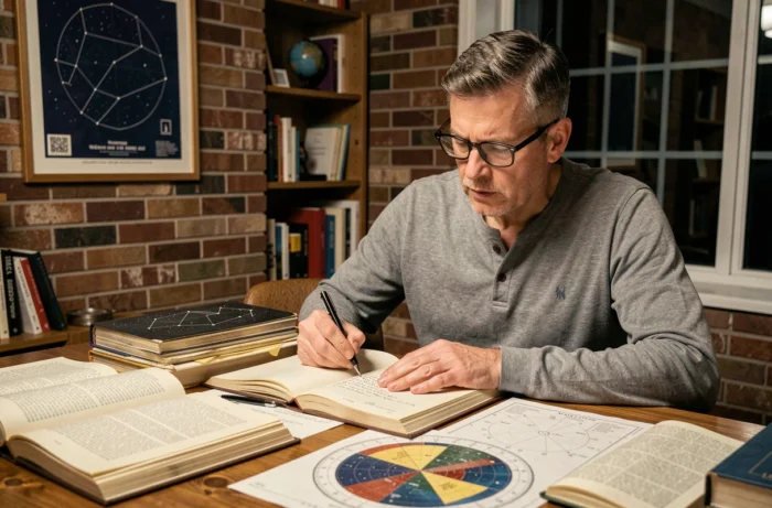 Homme passionné d'astronomie prenant des notes sur des cartes stellaires à son bureau lors d'une session d'étude nocturne