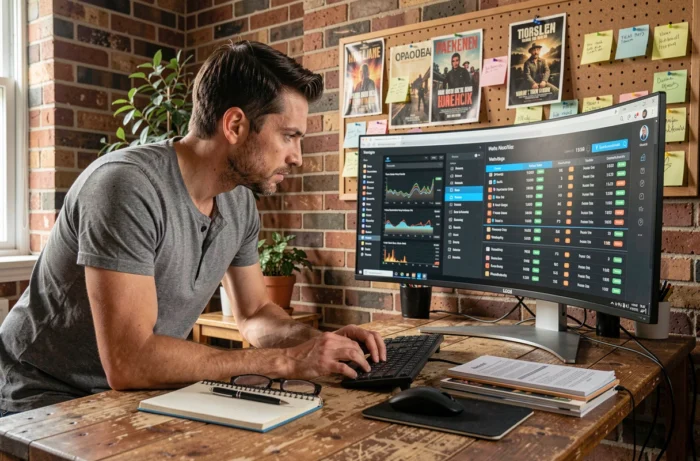 Homme consultant une plateforme de streaming sur son ordinateur dans un bureau à domicile décoré d'affiches de films