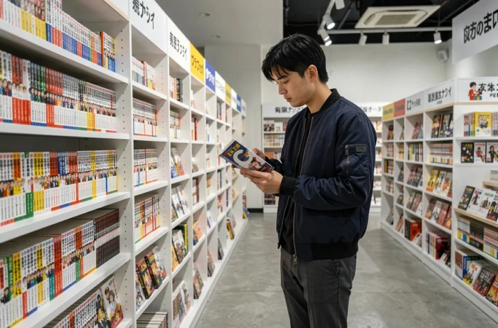 Homme parcourant les rayons manga d'une librairie moderne à la recherche des meilleures séries commençant par la lettre C