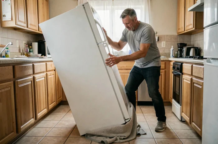 Homme redressant un réfrigérateur couché dans une cuisine domestique avant de le rebrancher