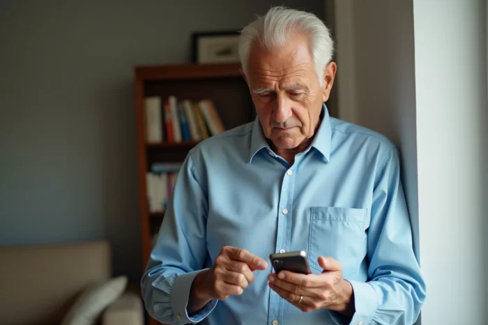 Homme senior perplexe face à un appel téléphonique suspect avec indicatif international dans son salon
