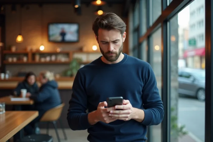 Homme consultant son téléphone avec Snapchat en panne dans un café urbain, expression perplexe et frustrée