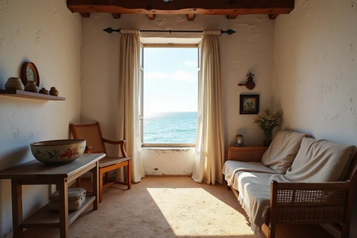Intérieur rustique d'une maison de pêcheur portugaise avec poutres en bois, rideaux en lin et vue sur l'océan Atlantique