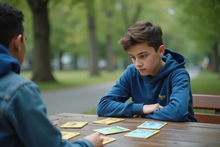 Adolescent jouant aux cartes Pokémon avec des cartes Dardargnan et Tortank dans un parc