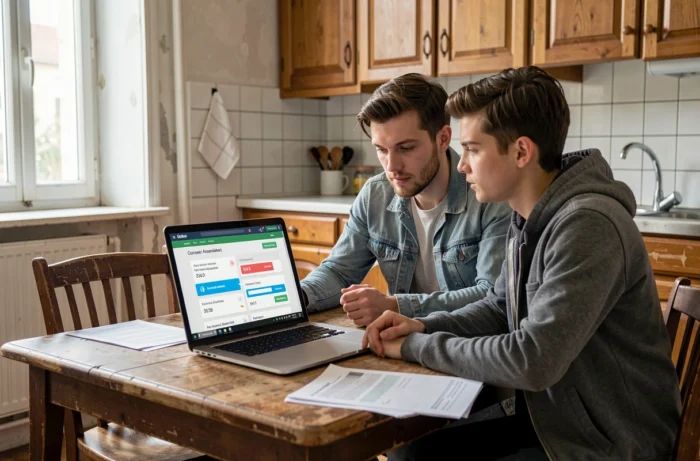 Jeune couple consultant une plateforme d'accès au logement social assistée par intelligence artificielle depuis leur domicile