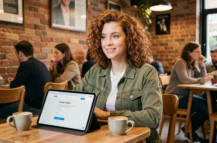 Jeune femme trouvant les coordonnées d'un médiateaseur sur une tablette dans un café