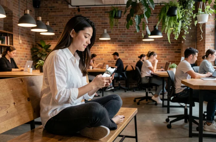 Jeune femme accédant à OneDrive sur smartphone dans un espace de coworking tendance