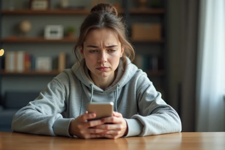 Jeune femme frustrée regardant son smartphone avec l'application Snapchat qui bugue sur fond d'appartement moderne