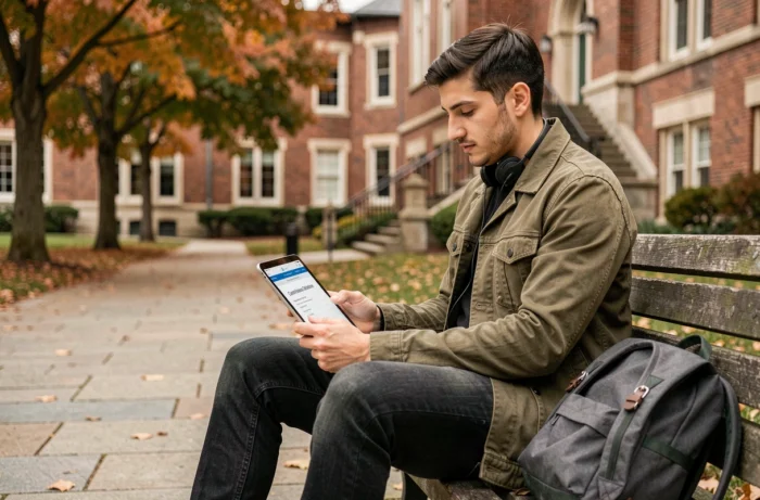 Jeune homme consultant une certification en ligne sur tablette dans un cadre universitaire en automne