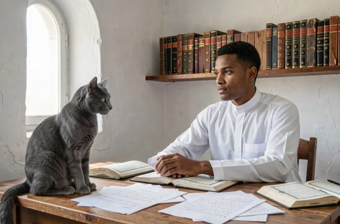 Jeune homme étudiant un livre islamique avec un chat gris observateur sur le bureau, évoquant la signification spirituelle des rêves