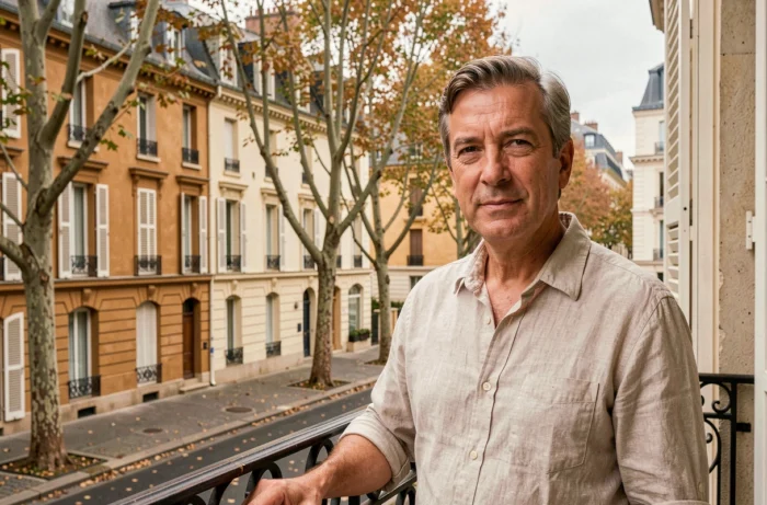 Portrait d'un homme sur un balcon parisien en automne, atmosphère documentaire illustrant la discrétion et la vie privée du mari de Maryse Burgot