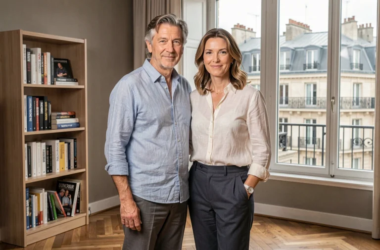 Portrait de couple élégant dans un appartement parisien moderne, illustrant la vie privée d'un journaliste et de son époux discret
