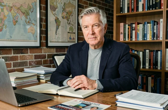 Homme d'une cinquantaine d'années assis à un bureau de travail journalistique, portrait éditorial discret évoquant Jonathan Halls mari de Maryse Burgot
