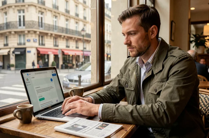 Un journaliste parisien utilise Le Chat de Mistral AI dans un café parisien, illustrant la réponse souveraine française dans le domaine des LLM