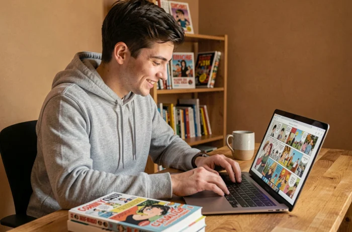 Jeune homme lisant des scans de manga sur un ordinateur portable dans un bureau cosy entouré de volumes manga